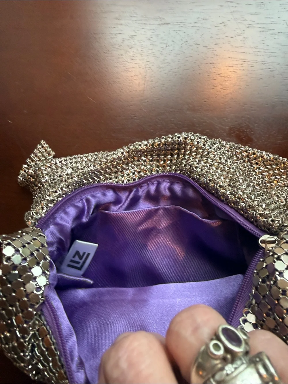 Liz Silver Mesh Clutch with Purple Lining